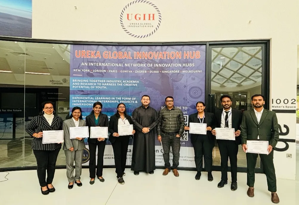 SSIM students receiving certificates at Ureka Global Innovation Hub during the Dubai immersion