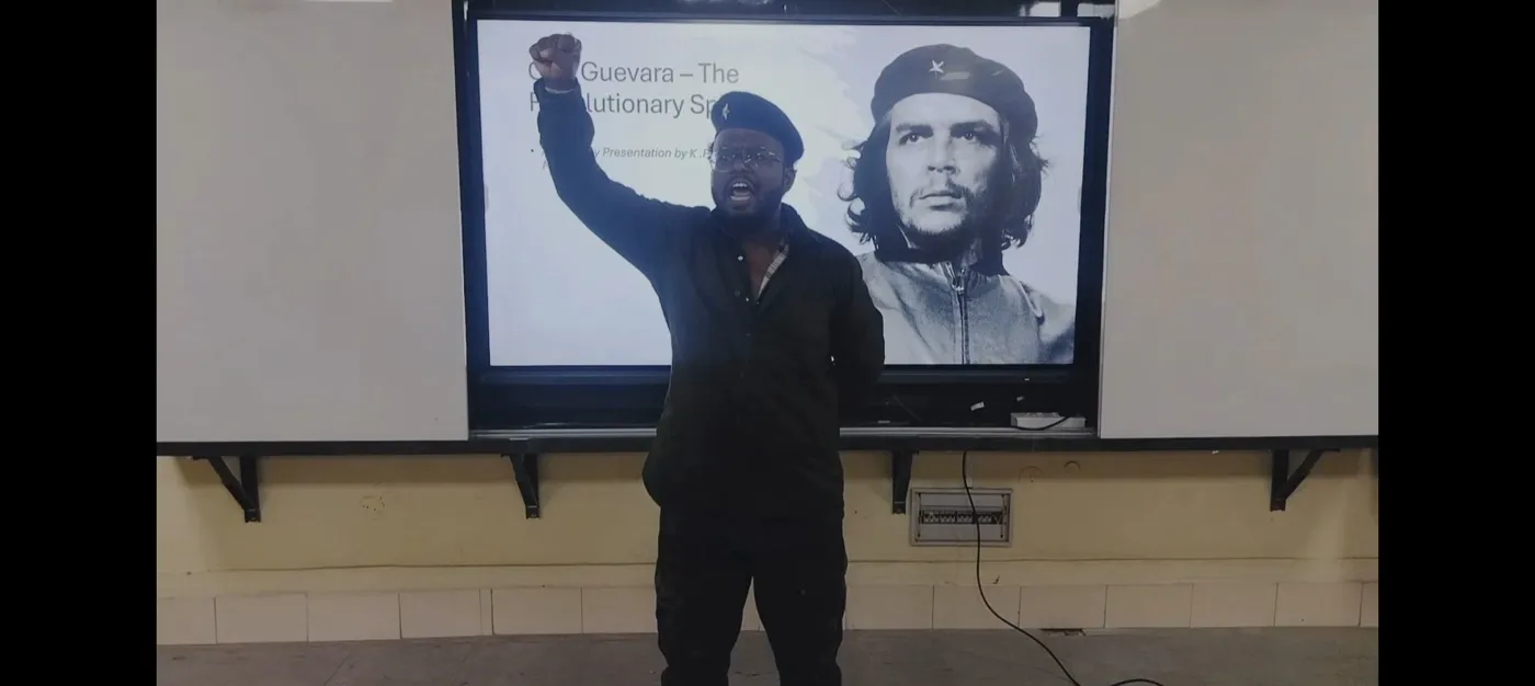 SSIM student delivering a presentation on a historical leader