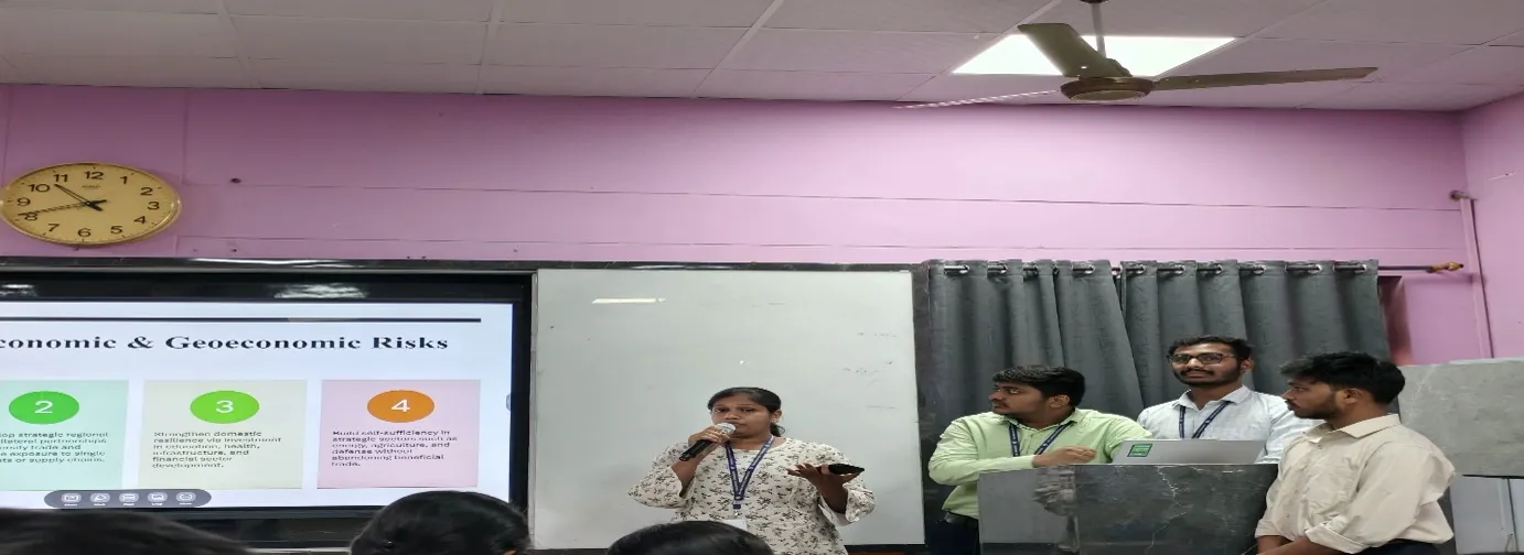 SSIM students presenting a role play on geoeconomic risks in a classroom